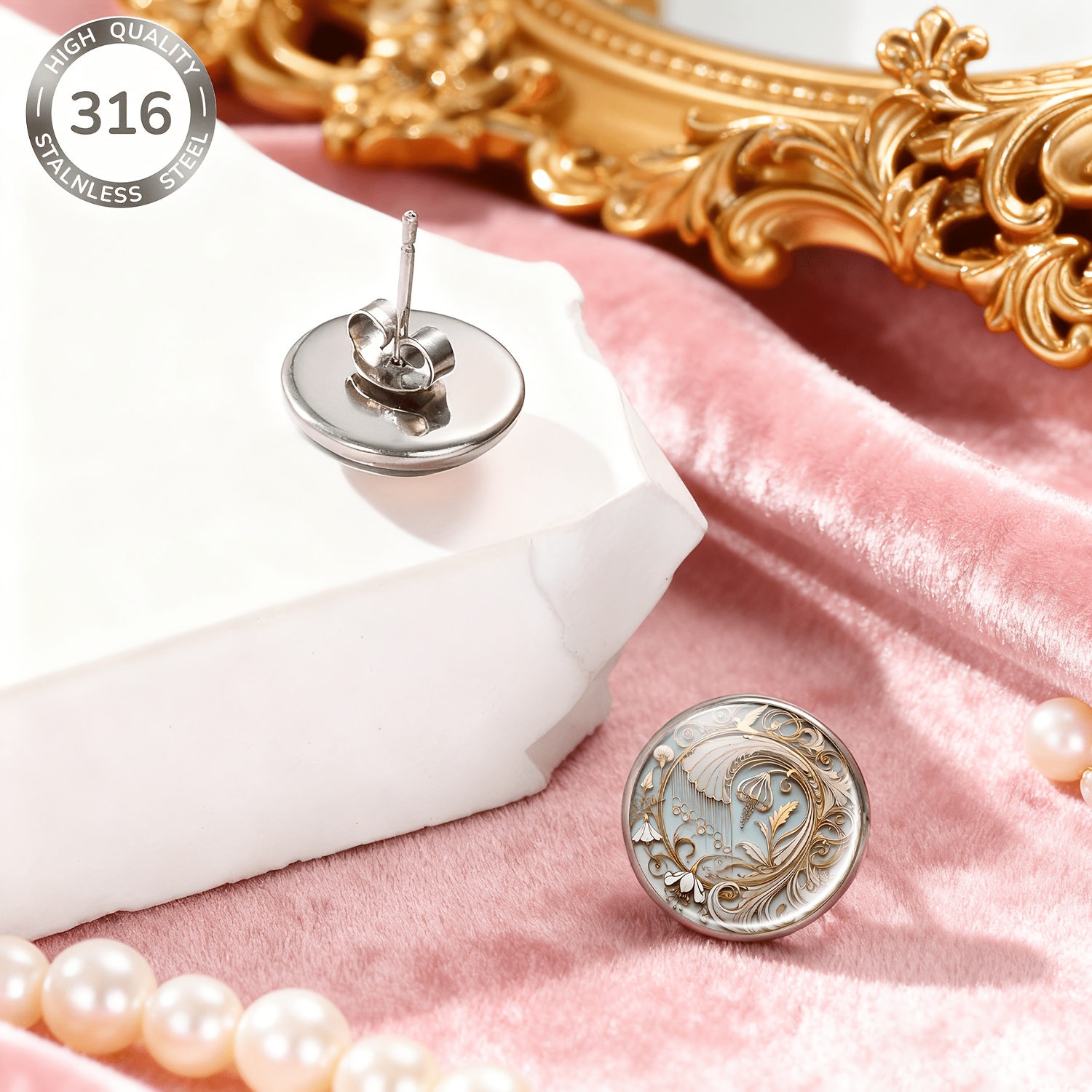 Round Decorative Tray Floral Pattern Stud Earrings, Set of 2
